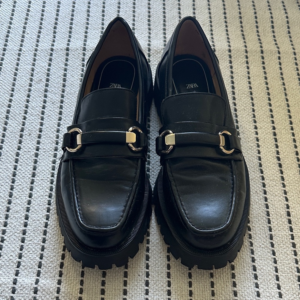 Zara Black Leather Loafers with Metal Accent